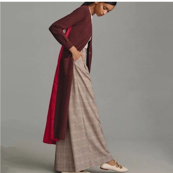 NWT ANTHROPOLOGIE Long Twofer Cardigan Sweater S Two Tone Duster Red Brown - Picture 3 of 5